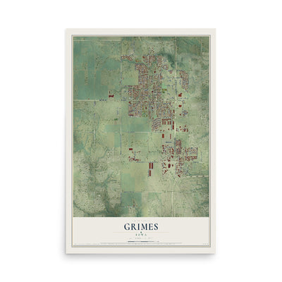 Map of Grimes, Iowa, 12 x 18 inch unframed archival matte print