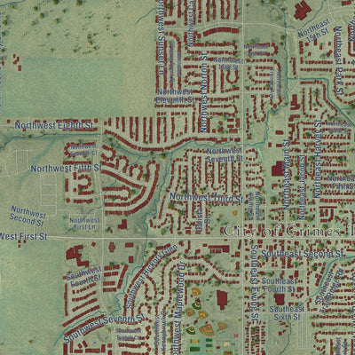 Close-up of the map of Grimes, Iowa print showing street and building detail