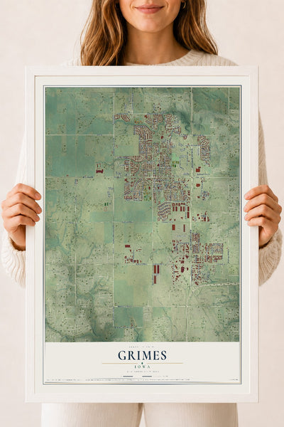 Map of Grimes, Iowa, 18 x 24 inch print in a white wood frame