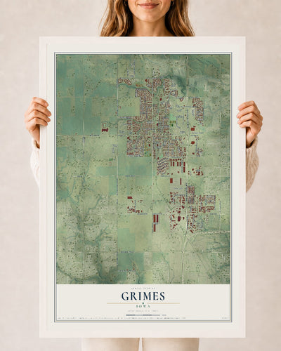 Map of Grimes, Iowa, 24 x 36 inch print in a white wood frame