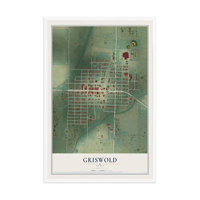 Map of Griswold, Iowa, 12 x 18 inch print in a white wood frame