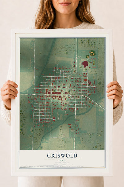 Map of Griswold, Iowa, 18 x 24 inch print in a white wood frame