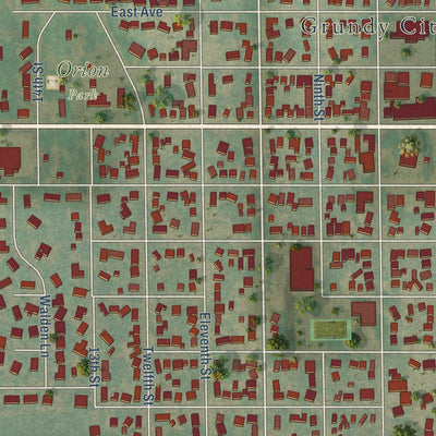 Close-up of the map of Grundy Center, Iowa print showing street and building detail