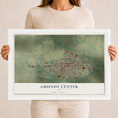 Map of Grundy Center, Iowa, 12 x 18 inch print in a white wood frame