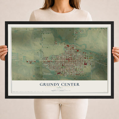 Map of Grundy Center, Iowa, 18 x 24 inch print in a black wood frame