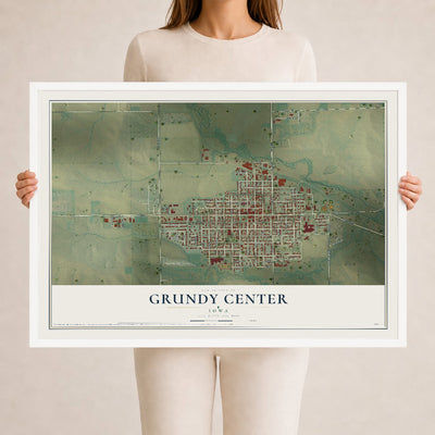Map of Grundy Center, Iowa, 24 x 36 inch print in a white wood frame