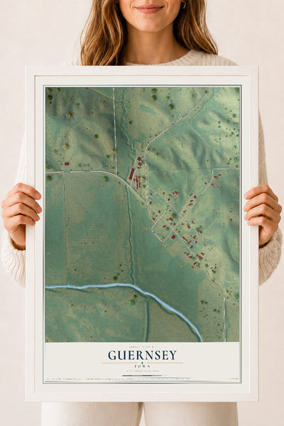 Map of Guernsey, Iowa, 18 x 24 inch print in a white wood frame