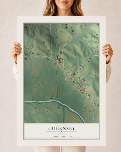 Map of Guernsey, Iowa, 24 x 36 inch print in a white wood frame
