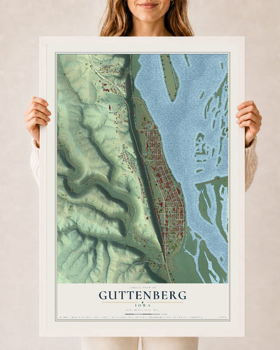Map of Guttenberg, Iowa, 24 x 36 inch print in a white wood frame