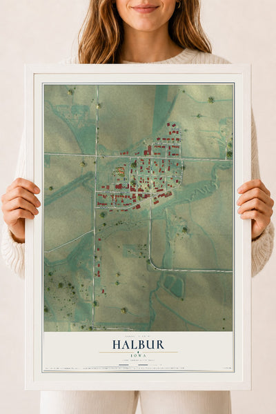 Map of Halbur, Iowa, 18 x 24 inch print in a white wood frame