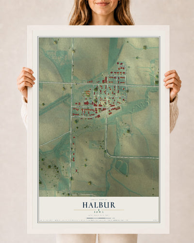 Map of Halbur, Iowa, 24 x 36 inch print in a white wood frame