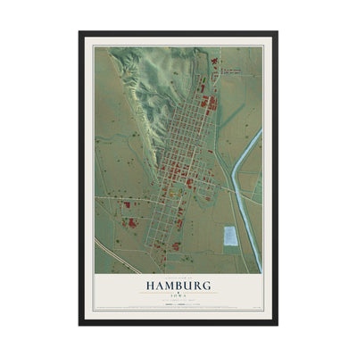 Map of Hamburg, Iowa, 12 x 18 inch print in a black wood frame