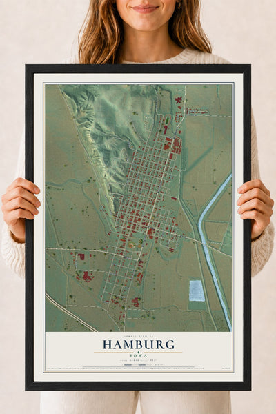 Map of Hamburg, Iowa, 18 x 24 inch print in a black wood frame