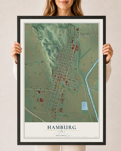 Map of Hamburg, Iowa, 24 x 36 inch print in a black wood frame