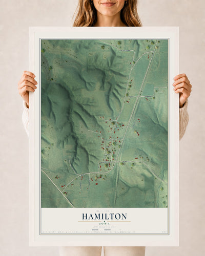 Map of Hamilton, Iowa, 24 x 36 inch print in a white wood frame