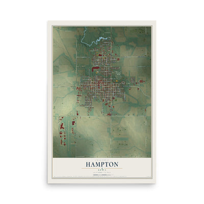 Map of Hampton, Iowa, 12 x 18 inch unframed archival matte print