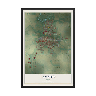 Map of Hampton, Iowa, 12 x 18 inch print in a black wood frame