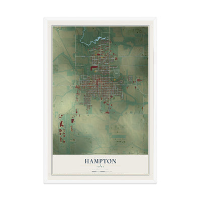 Map of Hampton, Iowa, 12 x 18 inch print in a white wood frame