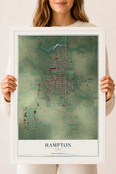Map of Hampton, Iowa, 18 x 24 inch print in a white wood frame