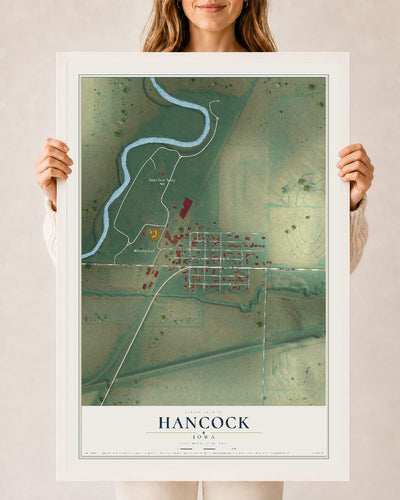 Map of Hancock, Iowa, 24 x 36 inch print in a white wood frame
