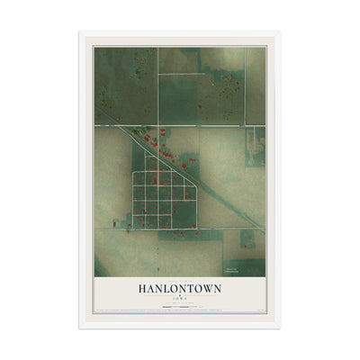 Map of Hanlontown, Iowa, 12 x 18 inch print in a white wood frame