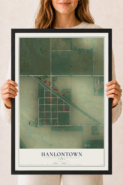 Map of Hanlontown, Iowa, 18 x 24 inch print in a black wood frame
