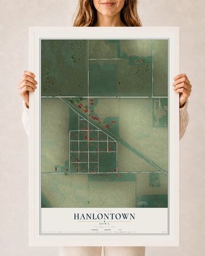 Map of Hanlontown, Iowa, 24 x 36 inch print in a white wood frame