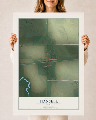Map of Hansell, Iowa, 24 x 36 inch print in a white wood frame