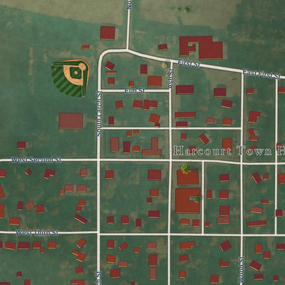 Close-up of the map of Harcourt, Iowa print showing street and building detail