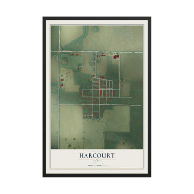 Map of Harcourt, Iowa, 12 x 18 inch print in a black wood frame
