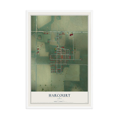 Map of Harcourt, Iowa, 12 x 18 inch print in a white wood frame