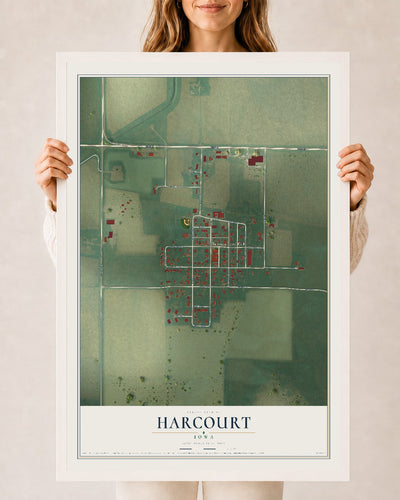 Map of Harcourt, Iowa, 24 x 36 inch print in a white wood frame