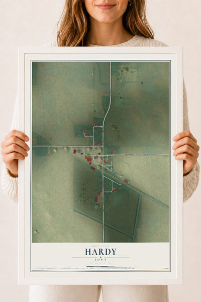 Map of Hardy, Iowa, 18 x 24 inch print in a white wood frame