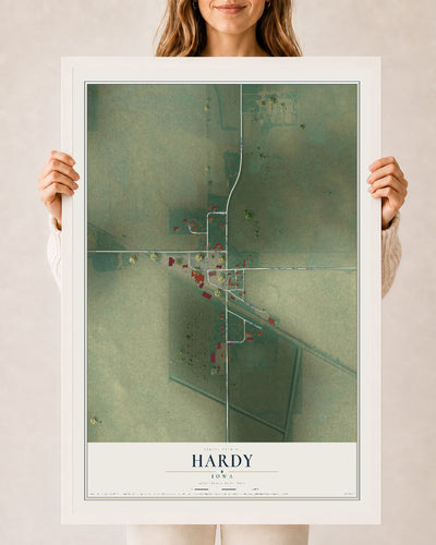 Map of Hardy, Iowa, 24 x 36 inch print in a white wood frame