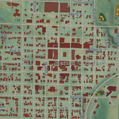 Close-up of the map of Harlan, Iowa print showing street and building detail