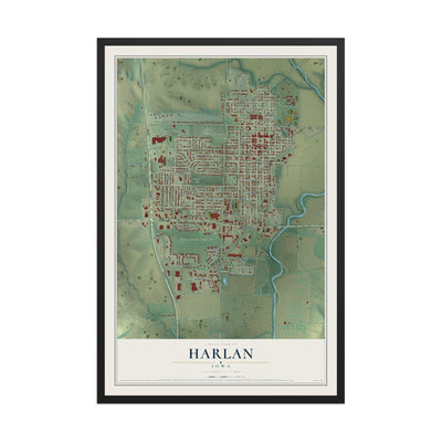 Map of Harlan, Iowa, 12 x 18 inch print in a black wood frame