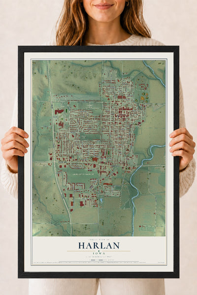 Map of Harlan, Iowa, 18 x 24 inch print in a black wood frame