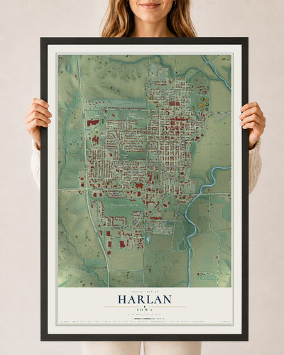 Map of Harlan, Iowa, 24 x 36 inch print in a black wood frame