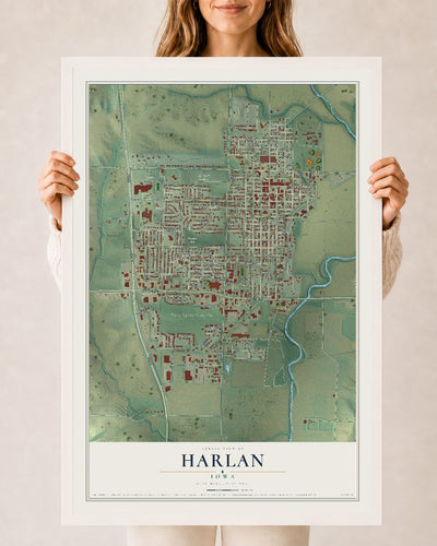 Map of Harlan, Iowa, 24 x 36 inch print in a white wood frame