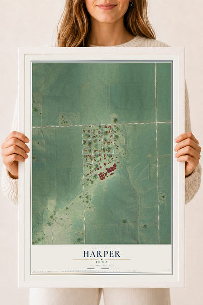 Map of Harper, Iowa, 18 x 24 inch print in a white wood frame