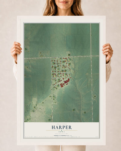 Map of Harper, Iowa, 24 x 36 inch print in a white wood frame