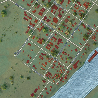 Close-up of the map of Harpers Ferry, Iowa print showing street and building detail