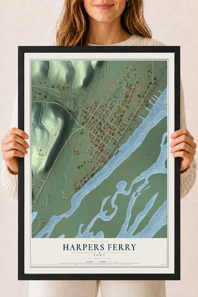 Map of Harpers Ferry, Iowa, 18 x 24 inch print in a black wood frame