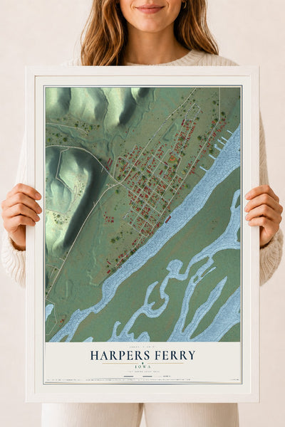 Map of Harpers Ferry, Iowa, 18 x 24 inch print in a white wood frame