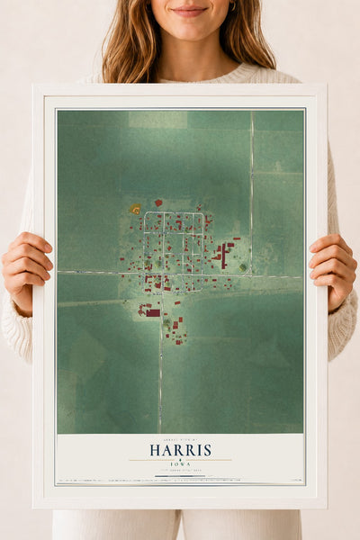 Map of Harris, Iowa, 18 x 24 inch print in a white wood frame