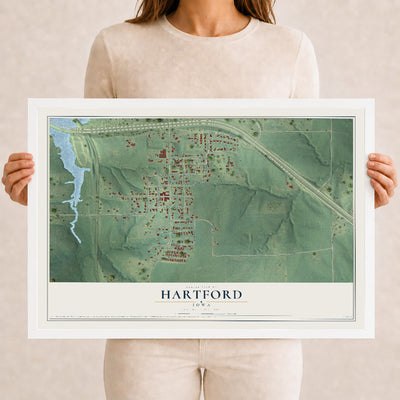 Map of Hartford, Iowa, 12 x 18 inch print in a white wood frame