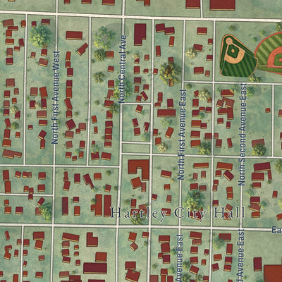 Close-up of the map of Hartley, Iowa print showing street and building detail