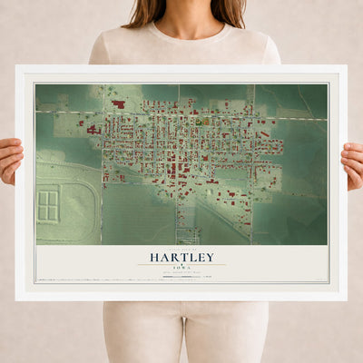 Map of Hartley, Iowa, 18 x 24 inch print in a white wood frame
