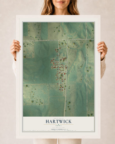 Map of Hartwick, Iowa, 24 x 36 inch print in a white wood frame