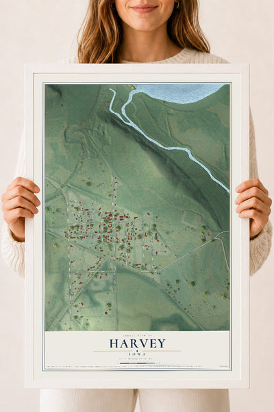 Map of Harvey, Iowa, 18 x 24 inch print in a white wood frame